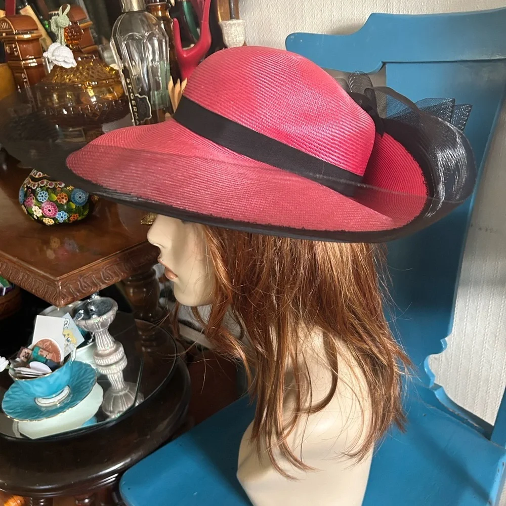Vintage Pink & Black Wide Brim Derby Hat